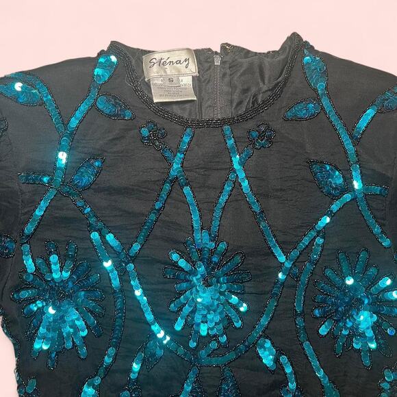 Vtg silk black and blue top - Picture 2 of 6